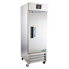 This upright lab refrigerator provides a stable 2°C to 7°C temperature range for storing pharmaceuticals and vaccines. It features a swing solid door opening to the right, a temperature alarm, and uses R-290 refrigerant. The unit has a silver finish and an overall depth of 34 7/8 inches.