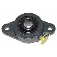 Two-bolt flange-mount ball bearing with a 2-inch cylindrical bore and cast iron housing. Features set screw locking and is pre-lubricated with NLGI #2 equivalent grease. Mounting bolt size is 9/16 inch. Suitable for supporting rotating shafts in conveyors, fans, and material handling equipment.