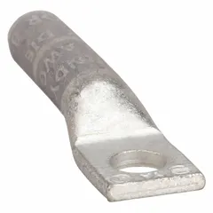 Copper one-hole compression lug for terminating 4 AWG solid or stranded copper wire. Features a 3/8 in stud size and long-body design. Used in panel boards, switchgear, and motor control centers for low-resistance terminations.