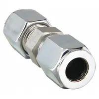 Steel compression fitting union from the Ferulok series. Flareless bite-type design for connecting two tubes of equal outside diameter. Thread size 7/16-20 on both ends. Used in hydraulic and pneumatic tubing systems for leak-free metal-to-metal sealing