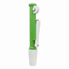 Manual pipette controller constructed from plastic with a green finish. Designed for single-channel liquid handling tasks in laboratory environments, such as dispensing and transferring fluids.