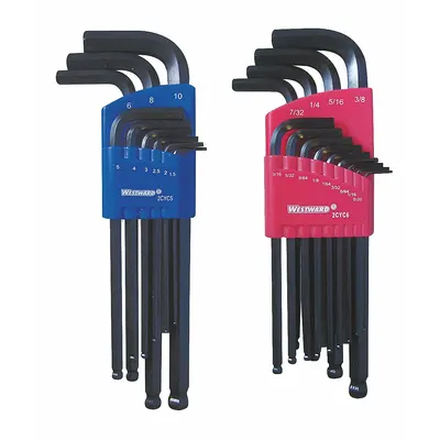 WESTWARD Hex Key Set: 16 or More Pieces, L, Metric and SAE, Single Ball End, Long - L-Shaped Hex Key Sets