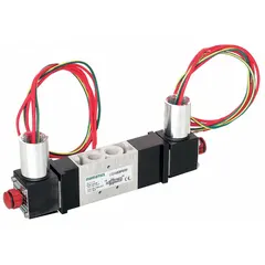 Five-way, two-position directional control valve with double solenoid and solenoid return. Operates on 24V DC and includes a non-locking manual override. Plug-in design for easy installation. Used to direct compressed air in industrial automation, packaging, and material handling systems.