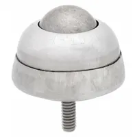 Threaded-stud mount ball transfer with a 1 in diameter stainless steel ball and stainless steel housing. Rated for 75 lb ball load capacity with 1 3/8 in projection and 1/4-20 thread. Used in material handling systems to enable smooth omnidirectional movement of loads across work surfaces