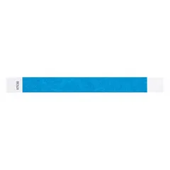 Blank Tyvek wristband for temporary identification and access control. Measures 10 inches overall length by 1 inch overall width. Blue color. Sold in a pack of 500. Suitable for event security, patient identification, and industrial facility access.