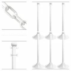 Solid-Color Plastic Chain Barrier System, 4 White Posts, 50 ft White Chain