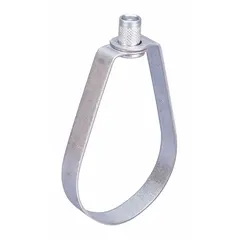 This standard loop hanger is made of pre-galvanized steel and designed to support 2 1/2 in pipe using 1/2 in threaded rod. It is a non-cushioned hanger suitable for securing piping in mechanical and plumbing systems.