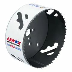 This LENOX hole saw has a 4 3/8 in diameter with 3/5 teeth per inch for cutting wood, metal, and plastic. It features a 5/8-18 thread size and a maximum cutting depth of 1 1/2 in. Designed for use with compatible mandrels in applications such as electrical, plumbing, and HVAC installations.
