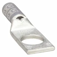 This one-hole compression lug is designed for terminating 4 AWG stranded copper wire to a 1/2 in stud. Made of copper, it provides a low-resistance connection in electrical panels, switchgear, and motor control centers. The long barrel accommodates standard crimping tools for secure installation.