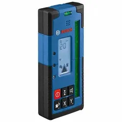 Laser level receiver for detecting rotating laser beams in leveling and alignment tasks. Blue and green plastic housing. Includes two AA batteries. Overall height 1 1/4 in, width 3 in.