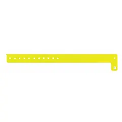Yellow vinyl security wristband with no printed legend, allowing custom marking. Overall length 10 inches, width 3/4 inch. Pack of 500. Suitable for temporary identification and access control at events, hospitals, and industrial facilities.