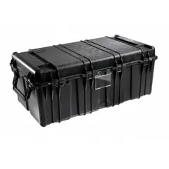 This standard protective transport case from PELICAN features a folding handle and double-throw closures for secure transport. The black case is supplied without foam or wheels, making it suitable for custom padding solutions. Typical applications include shipping and field use of sensitive equipment, tools, instruments, or electronics.