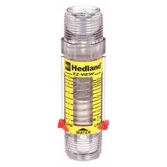 This HEDLAND inline flowmeter is a variable-area, scale-type instrument for measuring water flow in liters. It offers +/-5% accuracy and features Buna-N seals and O-rings. The universal mounting orientation allows installation in any position. Typical applications include industrial water systems, cooling circuits, and process lines requiring a simple flow indication.