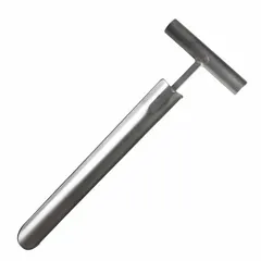Stainless steel soil core sampler with a tapered plug design for extracting intact soil cores. Overall length of 7 1/2 inches. Used for collecting soil samples in agricultural, environmental, and geotechnical applications.