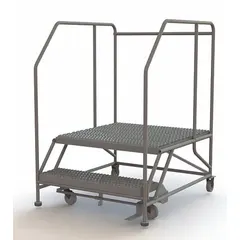 Fixed-height rolling work platform with a 36 in x 35 in steel deck and 800 lb load capacity. Includes handrails and a foot-activated step lock for secure positioning. Gray finish.