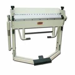 Manual box and pan brake with 40-inch maximum bending width. Features foot pedal and top edge actuation with finger control for precise metal forming. Suitable for bending sheet metal in fabrication shops to produce boxes, pans, and custom parts.