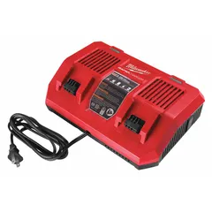 Rapid charger for 18V DC batteries, charging two batteries simultaneously. Operates on 120V AC input and charges a 5 Ah battery in 1 hour. Suitable for job sites requiring quick battery turnaround.