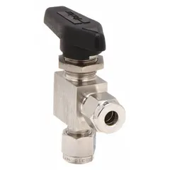 316 stainless steel angle-body ball valve with one-piece construction. Features sweat x sweat connections and a lever handle. Used for on/off flow control in piping systems requiring corrosion resistance.