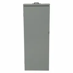 Convertible main lug load center rated 125A at 208Y/120/240V AC, 3-phase, with a 25kA short-circuit current rating. Provides 30 spaces and accepts no tandem breakers. Includes a surface cover for outdoor installations.