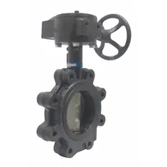 This 8-inch ductile iron butterfly valve features a concentric design with lug style and a gear-operated handwheel handle. The disc is made of ductile iron, and the valve is rated for a maximum pressure of 200 psi (CWP). Suitable for on-off flow control in industrial piping systems such as water treatment, HVAC, and process applications.