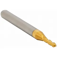 This solid carbide ball end mill features a titanium nitride (TiN) coating for reduced friction and extended tool life. With three flutes and a 5/64" diameter, it is suited for contouring, slotting, and profiling operations on steels and cast irons. The 1/4" length of cut and 1-1/2" overall length provide reach for general machining applications.