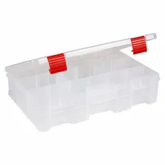 This clear plastic compartmented box features 8 compartments and 5 adjustable dividers, allowing customization of compartment sizes. Suitable for organizing small parts such as screws, nuts, and electronic components in workshops, labs, and industrial settings.