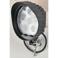 Round LED floodlight for permanent surface-mount installation on vehicles. Provides wide-area illumination for work zones, service trucks, and off-road equipment. Features a black housing, bolt/bracket mount, and pigtail electrical connection.