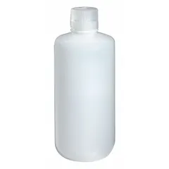 This NALGENE narrow mouth round lab bottle is made of natural HDPE with a 32 fl oz (960 mL) capacity. It includes an attached polypropylene screw closure with a 38-415 size. Suitable for collecting, storing, and transporting liquid samples in laboratory and industrial settings.