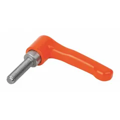 This straight teardrop-style adjustable handle features a zinc body and stainless steel threaded stud. It has a 1/4"-20 thread with 50 mm thread length and 65 mm overall length in an orange finish. Used for clamping, positioning, and adjusting machinery components where a secure, repositionable grip is needed.