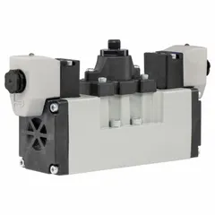 Four-way, three-position solenoid air control valve with 5599-1 double solenoid, closed center configuration. Operates on 120V AC with internal pilot and solenoid return actuation. Used to direct compressed air in industrial automation, packaging, and material handling systems for precise pneumatic control of cylinder actuation and process sequencing.