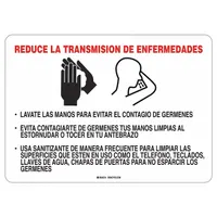This aluminum sign with a white background displays COVID-19 safety messaging in Spanish. Suitable for workplaces and public areas requiring Spanish-language hazard communication. Nominal size 10 in x 14 in, height 10 in