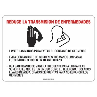 BRADY Spanish - Reduce Disease Transmission Sign, 10 in x 14 in, Aluminum, White