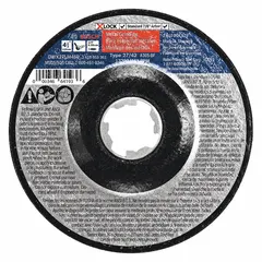 General-purpose grinding wheel for carbon and stainless steel. Type 27 depressed center design with 30-grit aluminum oxide. Dimensions: 4-1/2" diameter, 1/4" thickness, 7/8" arbor. Part of the X-LOCK series for quick-change compatibility.