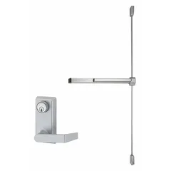 This surface vertical rod exit device is constructed of aluminum and features a lever touchbar. It is designed for doors up to 3 ft wide and is supplied as a complete assembly. Typical applications include commercial buildings requiring panic hardware for emergency egress.