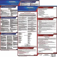 This poster set displays required federal and Virginia state labor law notices for workplace compliance. Printed in English on plastic, it measures 20 x 24 inches. Typical applications include posting in employee break rooms, lobbies, or other common areas to meet regulatory posting obligations