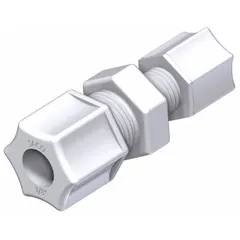 Union compression connector made of white acetal copolymer, rated for 220 psi. Connects two 7/8 in OD tubes. FDA certified for use in food-grade and sanitary fluid systems.