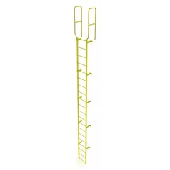 Steel fixed ladder with walk-through top for permanent access to elevated platforms, mezzanines, and rooftops. Single section with 20 rungs, 28 in overall width, and 23 ft overall height. Part number WLFS0220-Y.