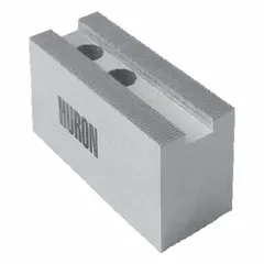 This HURON lathe jaw is made of aluminum and features a pointed, serrated gripping surface. It is designed for use with 21 to 24 inch chucks and has a height of 4 inches. The jaw uses M20 mounting bolts for secure attachment. Serrated jaws provide positive grip on round or irregular workpieces during turning operations.