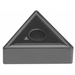 Triangle (T) indexable turning insert for general turning, facing, and profiling operations. Designed for medium to finishing cuts on steel, stainless steel, and cast iron workpieces. Coated for wear resistance. Reference numbers: TNMG332EEX and TNMG160408N-EX.