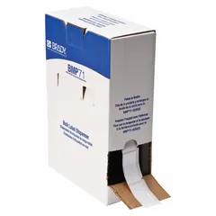 Thermal transfer precut label roll with rubber permanent adhesive for durable industrial labeling. Each roll contains 1000 labels sized 1 in x 2 in. Compatible with BMP61 printer series. Suitable for asset tagging, cable marking, and safety labeling on curved or textured surfaces.