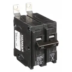 The Siemens B215 is a 2-pole miniature circuit breaker rated 15 A at 120/240V AC, single-phase, with a maximum interrupting rating of 10 kA. This bolt-on type breaker is part of the BL series and is designed for use in Siemens P1 panelboards. It provides overcurrent protection in commercial and industrial electrical distribution panels.