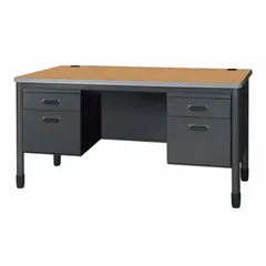 This double pedestal desk features a laminate oak desktop and a gray steel frame. It includes two pedestals with six drawers total, a modesty panel, and is configurable. Suitable for office environments requiring a spacious work surface and integrated storage.
