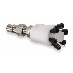 This HPLC manifold is constructed of polypropylene and stainless steel. It is designed for use with HPLC disposal cans, allowing connection of multiple waste lines to a single can. Compatible with disposal can models 1YNK2, 1YNK3, 1YNK6, and 1YNK7.