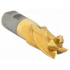 This CLEVELAND square end mill is made from high-speed steel with a titanium nitride (TiN) coating. It has a 1" diameter, 4 flutes, a 3" length of cut, and a 5-1/2" overall length. Designed for general-purpose milling operations such as slotting, profiling, and contouring in ferrous and non-ferrous materials.