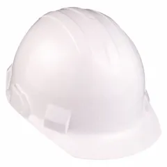 This BULLARD Vector hard hat is a Type 2, Class E model providing top and lateral impact protection along with electrical hazard protection up to 20,000 V. Made of white polyethylene, it features a 4-point ratchet suspension for secure fit and side-slots for mounting accessories. Suitable for industrial environments such as construction, manufacturing, and utilities.