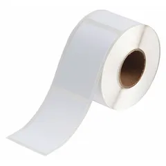 Acrylic label roll with permanent adhesive, inkjet print-receptive, compatible with BradyJET J2000 printer. Contains 340 precut labels measuring 3 11/32 in x 2 11/64 in. Used for industrial identification, asset tracking, cable marking, and equipment labeling.