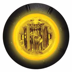LED clearance/marker lamp with round amber lens and grommet mount. Surface mount design with bullet connector. Rated IP67 for dust and water ingress. Used on trailers, trucks, and heavy equipment to indicate vehicle width and position.