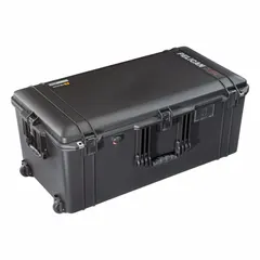 This lightweight suitcase-style case from PELICAN is constructed of black plastic and polyurethane, weighing 25.7 lb. It features press and pull latches for secure closure. Suitable for transporting and protecting sensitive equipment such as tools, instruments, and electronics in industrial, field-service, and logistics settings.
