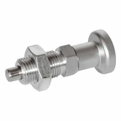 This nonlocking pull-knob indexing plunger is made of 316 stainless steel with an M16x1.5 thread and includes a jam nut. It provides a nose force between 7 N and 26 N. Used for precise positioning and locking of moving parts in jigs, fixtures, and indexing tables, the pull-knob allows quick retraction for repositioning.
