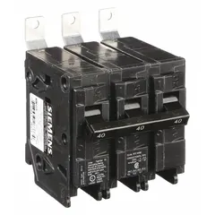 The Siemens B340 is a 40 A, 240V AC, 3-pole miniature circuit breaker from the BL Series. It is a standard-type, three-phase breaker with a maximum AIR rating of 10kA at 240V AC. Designed for bolt-on installation in Siemens P1 Panelboards, it provides overcurrent protection in electrical distribution systems.